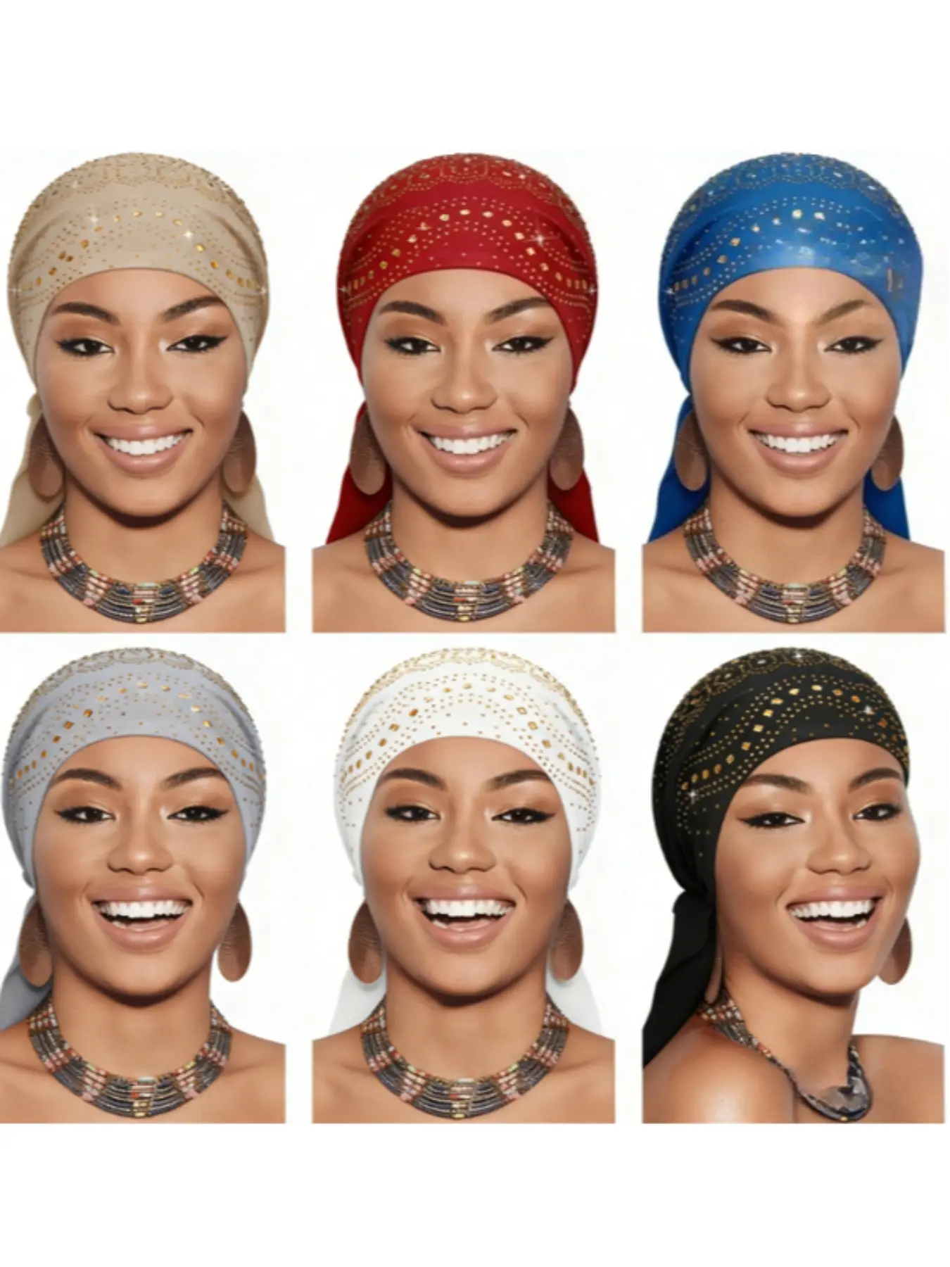 New Six-Piece Crystal Fashion Headscarf Set, Polka Dot Pattern, Elastic Headband, Womens Scarves, Beanie Hat, Pre-Tied with Crystals, Crystal Embellishments, Caps, Hairbands, Versatile Headscarf, Matching Headscarf
