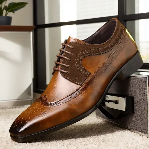 Men’s Classic Breathable Leather Lace-Up Brogue Formal Business Style Shoes - Korean, Minimalist, Casual, Flexible Below-the-Ankle Footwear with Perforated Vintage Chic Detailing for Office, Special Occasions