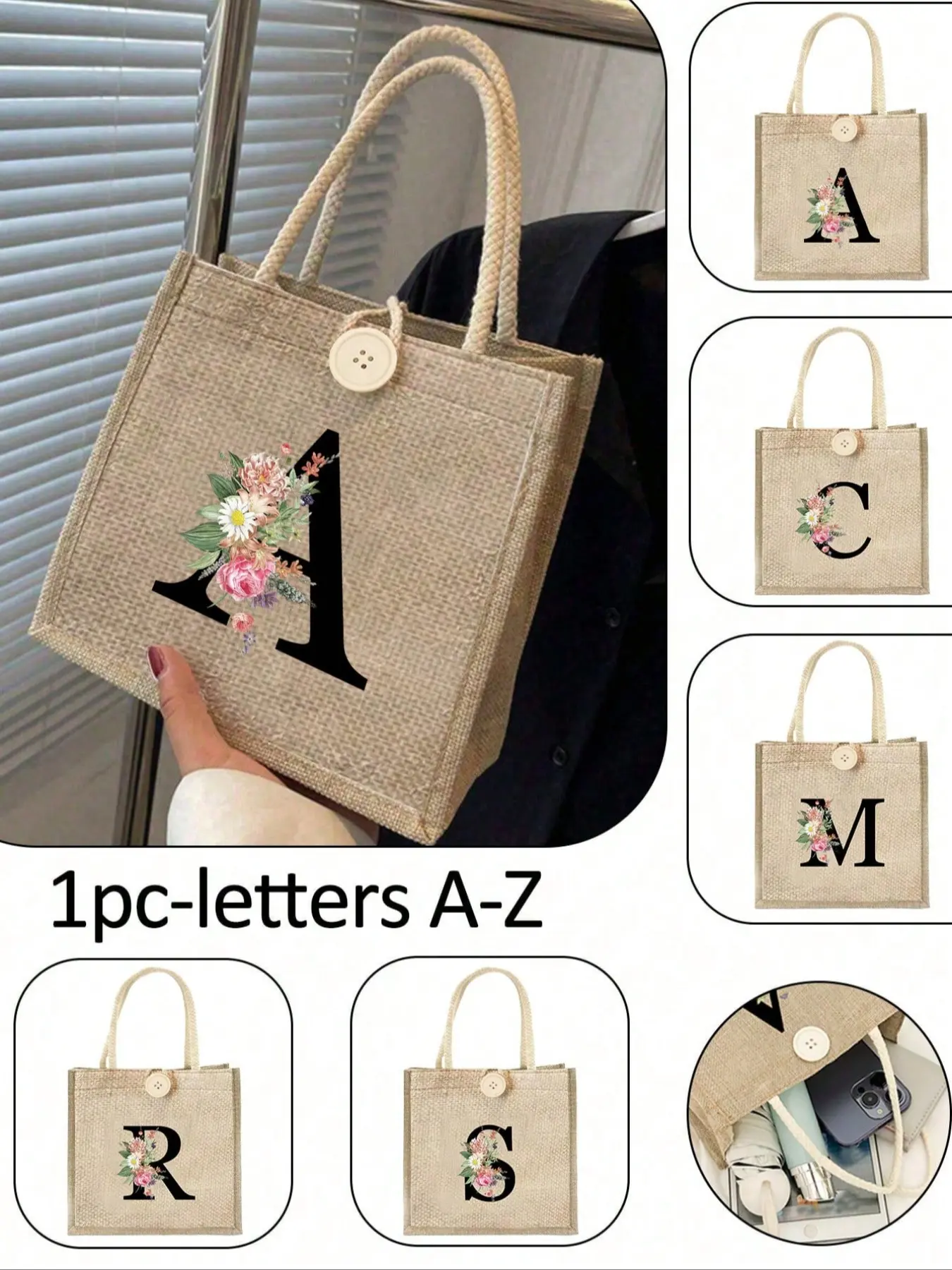 Monogram Pattern Handbag,Letter Printed Handbag,Flower Print Linen Handbag, Large Capacity Portable Storage Handbag, Multifunctional Shopping Bag, Shopping Essential,Messenger Bag, Suitable For Women, Daily Use, Everyday Handbags