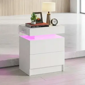Modern Nightstand With Charging Station LED Ambient Light Wooden End Table With Storage Drawers Minimalist Bedside Table Suitable For Bedroom Home Household Decor Furniture