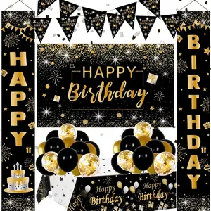 Black and Gold Birthday Decorations for Men,Women, 37pcs Black and Gold Party Decorations With Backdrop,Tablecloth,Confetti Balloons,Banner,Balloon Arch Kit For Birthday Party
