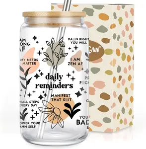 Positive Daily Affirmations Cup - Mental Health Awareness, Funny Mothers Day, Inspirational, Motivational Gifts for Women, 16 Oz Drinking Glass Cups Tumbler W/Lids Straws for Iced Coffee