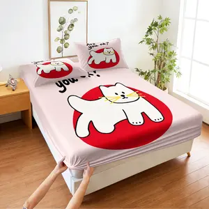 Cat-themed printed fitted sheet set,Includes 1 Fitted Sheet & 2 Pillowcases without Filler,Cute and soft,Perfect as a gift for children and teenagers,Multiple styles available,A great gift for all seasons.