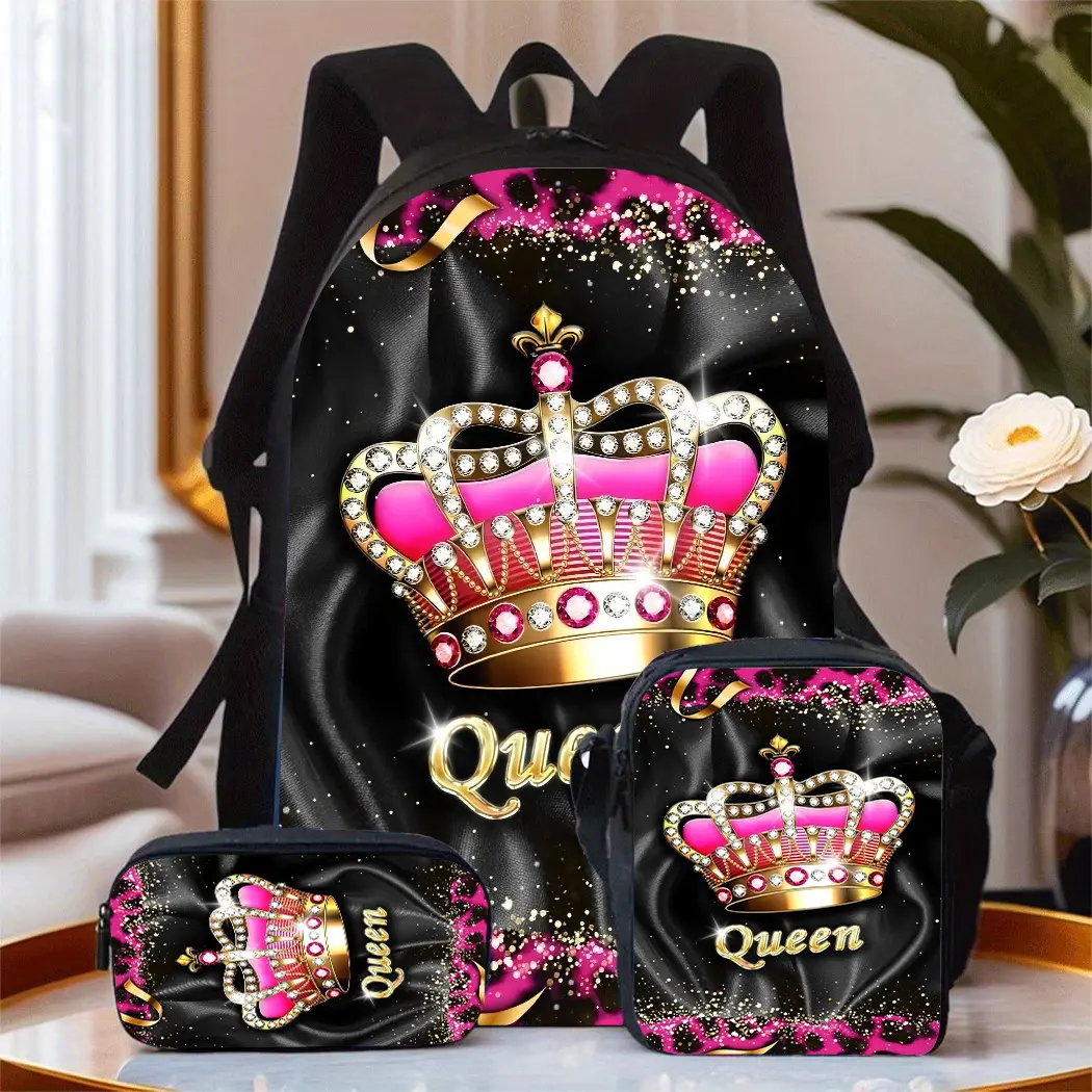 3Pcs Queen Crown Print Backpack Set Durable 600D Oxford Cloth School Bag Insulated Lunch Box & Pencil Case Combo Adjustable Breathable Strap Large Capacity Fits 15in Laptop for Kids Teens School Travel Outdoor Use