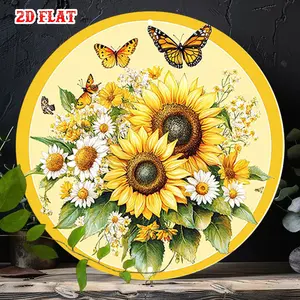2D Flat Sunflower Metal Wall Art Sign Rustic Round Decoration with Butterflies for Home Garage Dining Room Cafe Decor Natural Circular Wall Hanging Gift