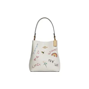 Coach x Diary Embroidery Town 22 Solid Graffiti-Print Leather Bucket Bag for Women, Small, White