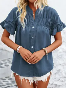 A women's solid color pleated shirt blouse with buttons, linen and cotton stand-up collar, short sleeves top, suitable for summer, suitable for casual daily commuting and wear.