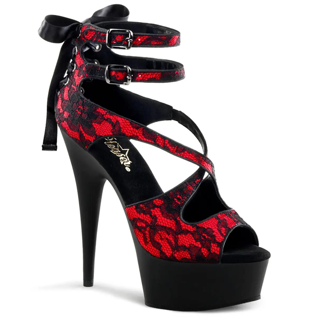 Pleaser High Heel Sandals for Women, 6" Red Satin & Lace Stiletto with Black Matte Finish, Corset Back & Ankle Wrap, Black Strappy Sandals, Ankle Wrap Sandals