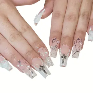 Press on nails 24pcs 3D Deluxe nail Set with Flower, Bow, and Faux Pearls Design, French Style Removable False Nails, Stick on Nails, Reusable, DIY Nail Art, Includes nail Adhesive Tabs, nail File, and Manicure Stick, bubblebathsquareroundnailsimages