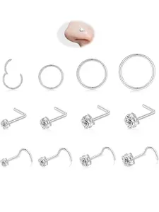 12PCS 18G Nose Ring Hoop 20G Nose Studs Sets, 316L Surgical Steel Hypoallergenic Gold Plated CZ Hinged Clicker Nose Rings Hinged Nose Hoops L Shape/Corkscrew Nose Studs Piercing Jewelry for Women Men