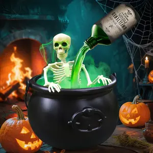 Halloween Decorations - Cauldron Halloween Decor with Magic Floating Potion Bottles Fog Diffuser Spooky Skeletons & Black Plastic Witches Bowl for Indoor Outdoor Party/Table/Mantel/Kitchen Decor Black