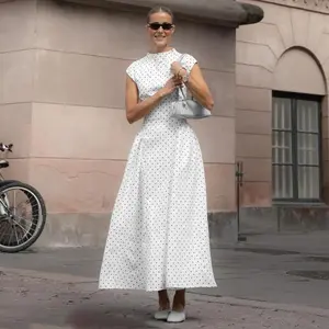 Boho Polka Dot Print A-Line Dress ElegantParty Summer Sleeveless Bodycon Dress, O-Neck New Fashion Casual Maxi Dress forWomen,Graceful Women Long Dress ForHoliday White Summer BohemianWomenswear