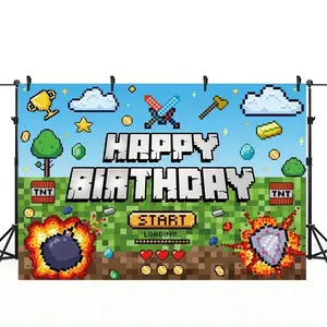 Pixel style game Happy Birthday banner, game themed party background, birthday party decoration