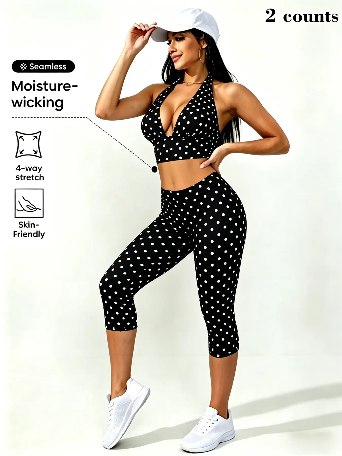 Y2K Sexy Deep V Tank Top + High Waist Seven-Quarter Pants Set, Polka Dot Design, Perfect for Yoga, Fitness, Daily Wear, Comfortable Women's Clothing, Seamless Yoga Set