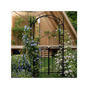 8 FT Elegant Garden Arch With Gate, Metal Wedding Archway For Outdoor Ceremony, Black Steel Arbor Trellis For Roses, Vines, And Climbing Plants – Perfect For Lawn, Patio, And Backyard