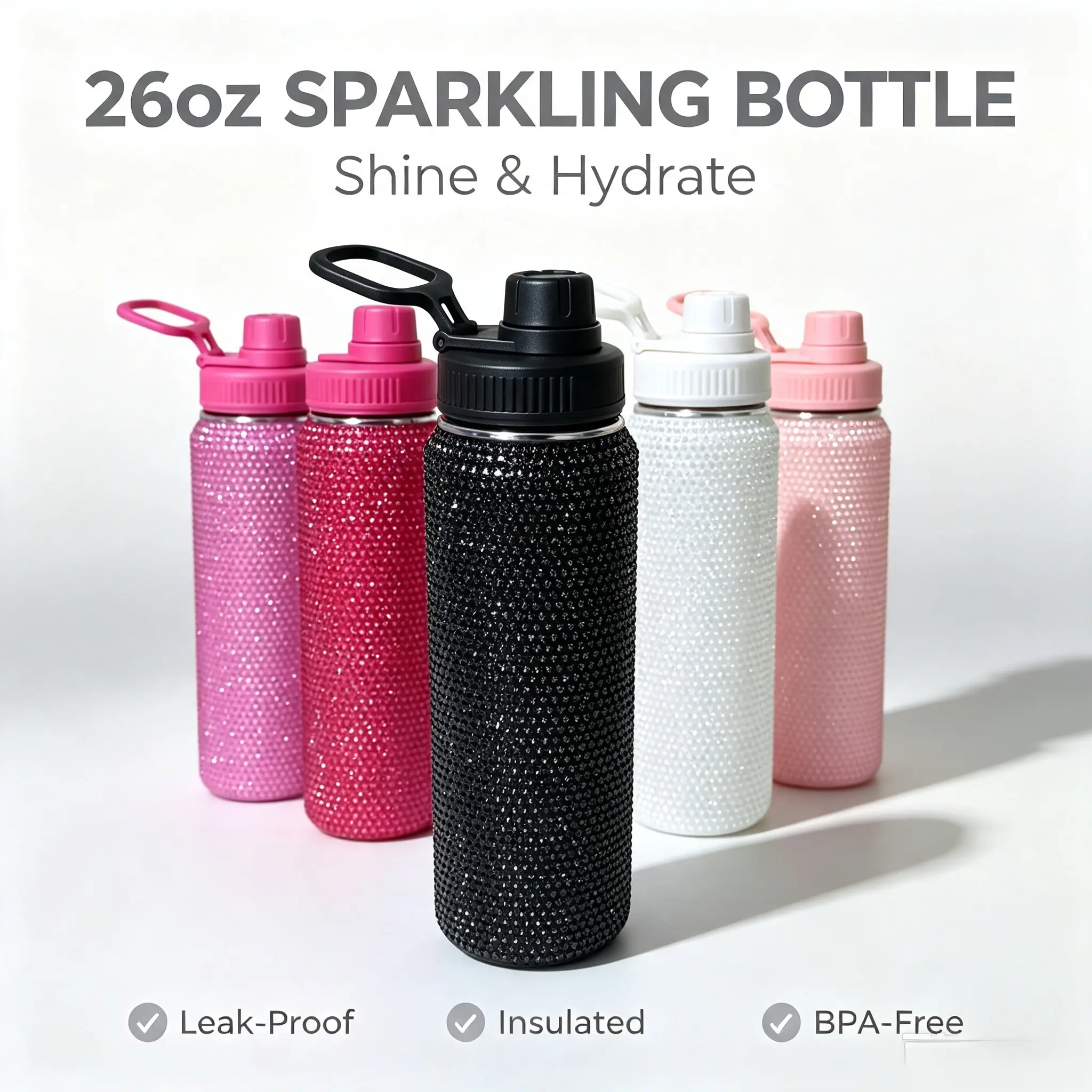 26oz Bling Rhinestone Insulated Water Bottle, Stainless Steel Leak Proof Sports Tumbler, Sparkly Glitter Diamond Water Cup For Gym Travel Office, Cute Aesthetic Gift For Women Girls