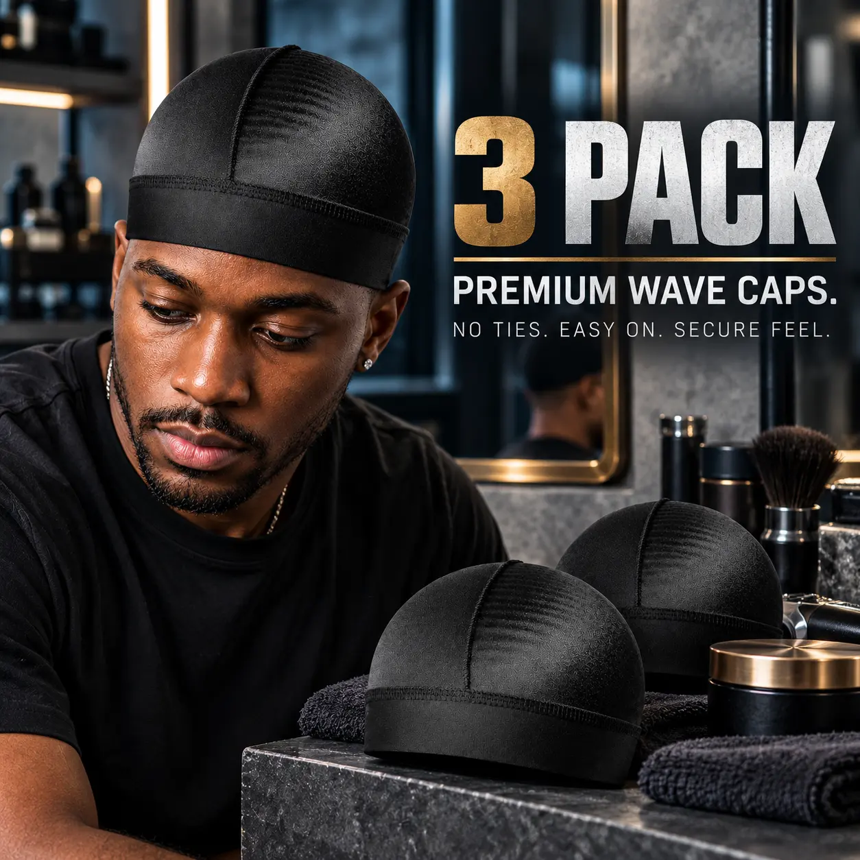 Wave Cap for Men, 3 Pack Silky Compression 360 Wave Cap for 360, 540 & 720 Waves, No-Tie Stocking Wave Caps with Wide Elastic Band, Polyester Durag Skull Cap for Sleeping, Wave Training, Workouts & Daily Wear, One Size