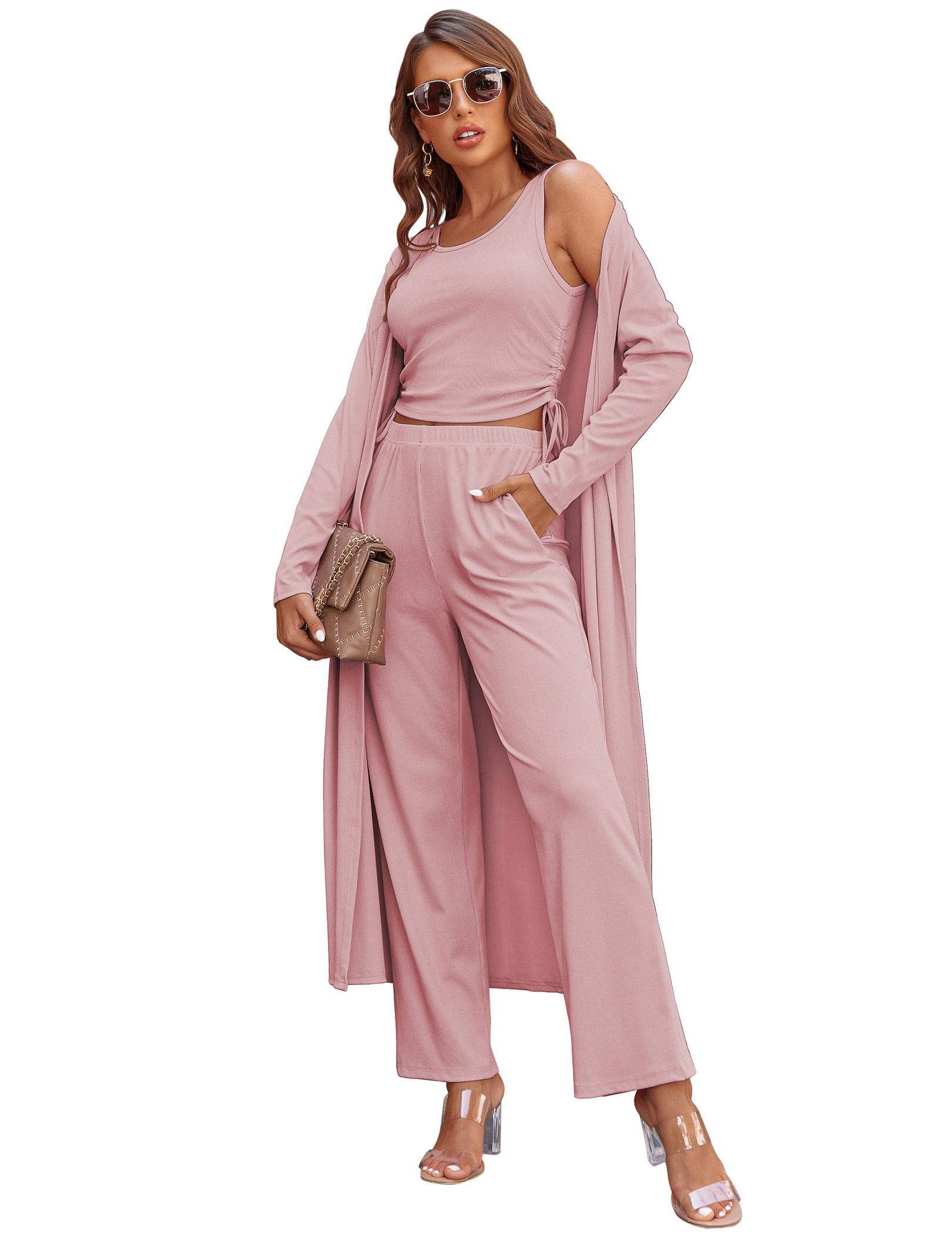 EKOUAER  Women's 3 Piece Knit Lounge Set Long Sleeve Cardigan Sleeveless Top Pants Sweatsuit S-XXL