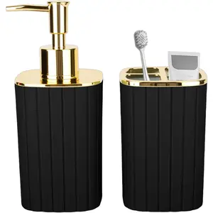 2PCS Black and Gold Bathroom Accessories Set Includes Soap Dispenser and Toothbrush Holder for Boho Bathroom Decor