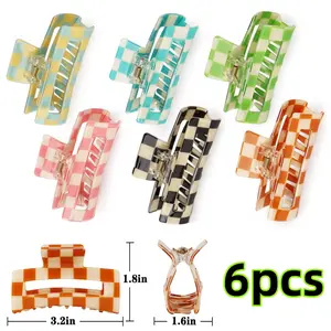 6 pack Medium Rectangle Acetate Jaw Clips Cute Non Slip Hair Jaw Clips 3 Inch colorful Hair Claw Clips Checkered Hair Claw Clip for Women Girls Beauty & Personal Care
