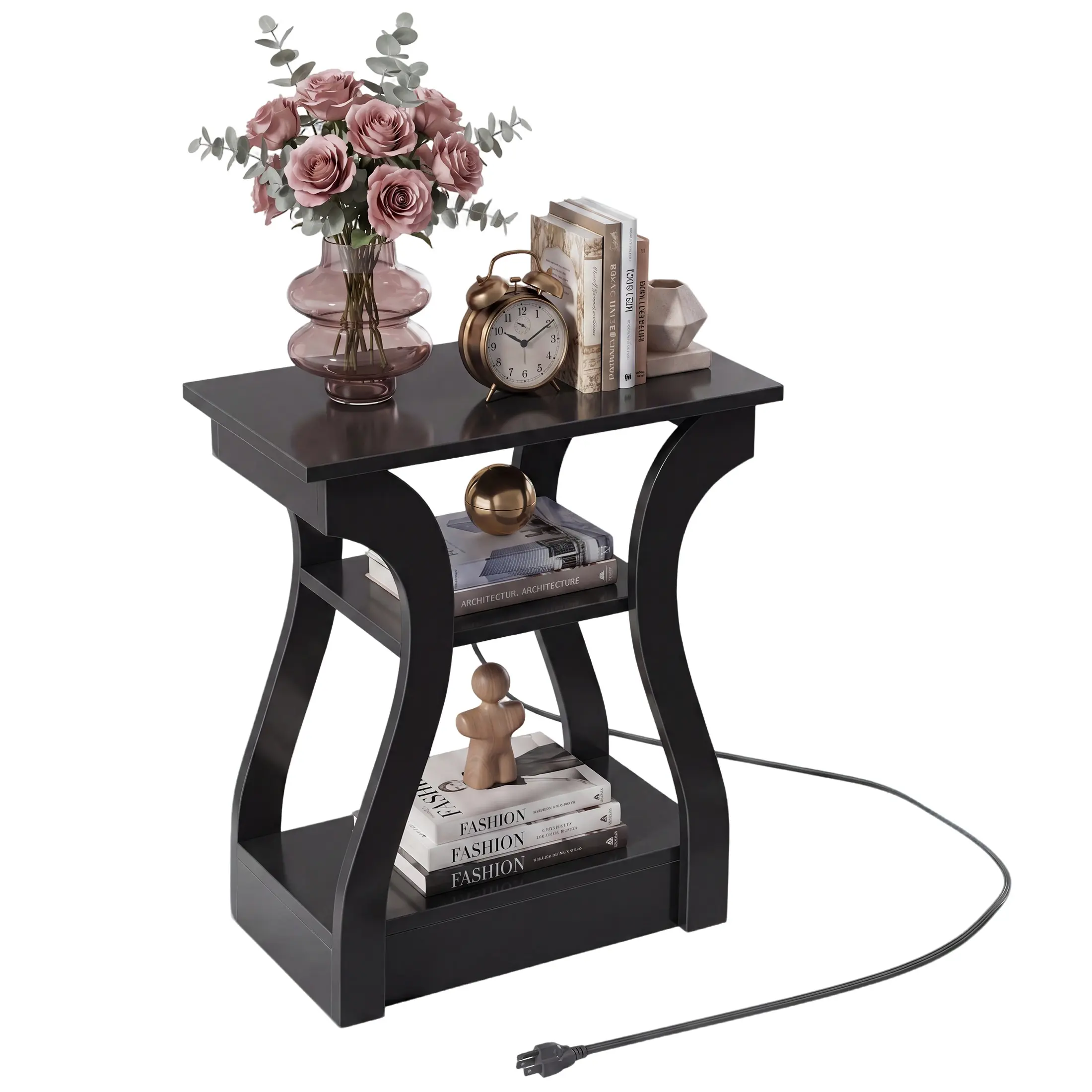 3 Tier End Table with Charging Station, Modern Curved Nightstand Side Table with USB, Type-C Port & AC Outlets, Storage Shelf Cabinet for Living Room Bedroom Home Decor