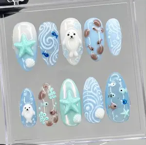 Handmade Seal Press On Nails, 3D Mint Starfish Ocean Wave Nail Art, Kawaii Summer Beach Gel Fake Nails, Coastal Reusable Almond Nail Set
