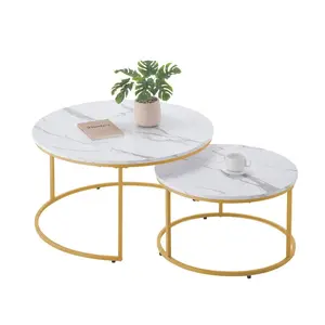 VEVOR Nesting Coffee Table Set of 2, 31.5 in Round Coffee Table, Nesting Tables for Small Place, Vintage End Side Tables Night Stand with Metal Frame, for Living Room, Bedroom, Office (White Gold)