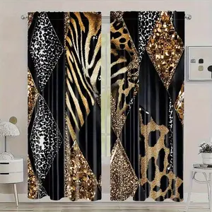 2-Piece Leopard Print Patchwork Curtain Set, Half-Blackout Polyester Fabric, Easy Installation, Ideal for Bedroom, Living Room, Office