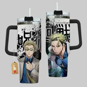Kento Nanami Anime Sorcerer 40oz Tumbler with Handle, Minimalist Salaryman Aesthetic Cup, Jujutsu Kaisen Character Fan Gift, Cool Blonde Suit Style Stainless Steel Insulated Travel Mug