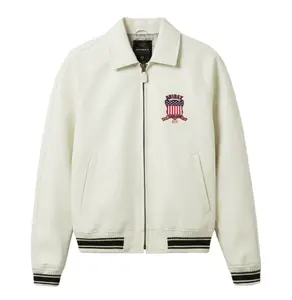 Men’s White Avirex Style Leather Varsity Jacket Vintage Patch Bomber Zip-Up Streetwear Jacket