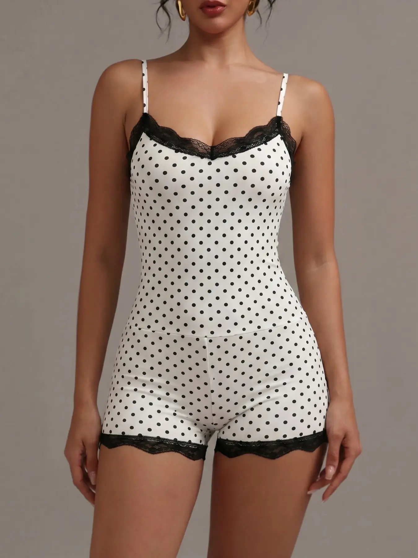 Sexy Y2K Viral Polka Dot Lace Trim Spaghetti Strap Soft Stretchy Bodycon Bodysuit, Casual Underwear Women Loungewear Sleepwear Chic Romper Skinny Fit One-Piece Jumpsuit Slimming Shapewear Summer Basic Outfit