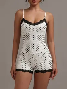 Sexy Y2K Viral Polka Dot Lace Trim Spaghetti Strap Soft Stretchy Bodycon Bodysuit, Casual Underwear Women Loungewear Sleepwear Romper Skinny Fit One-Piece Jumpsuit Slimming Shapewear Summer Basic Outfit
