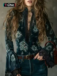 Spring Summer Fashion Chic Casual Floral Lace V-Neck Bell Sleeve Long Sleeve Blouse Shirt, Bohemian casual top, Elegant Women's Beachwear, Daily Wear, New Year Clothing