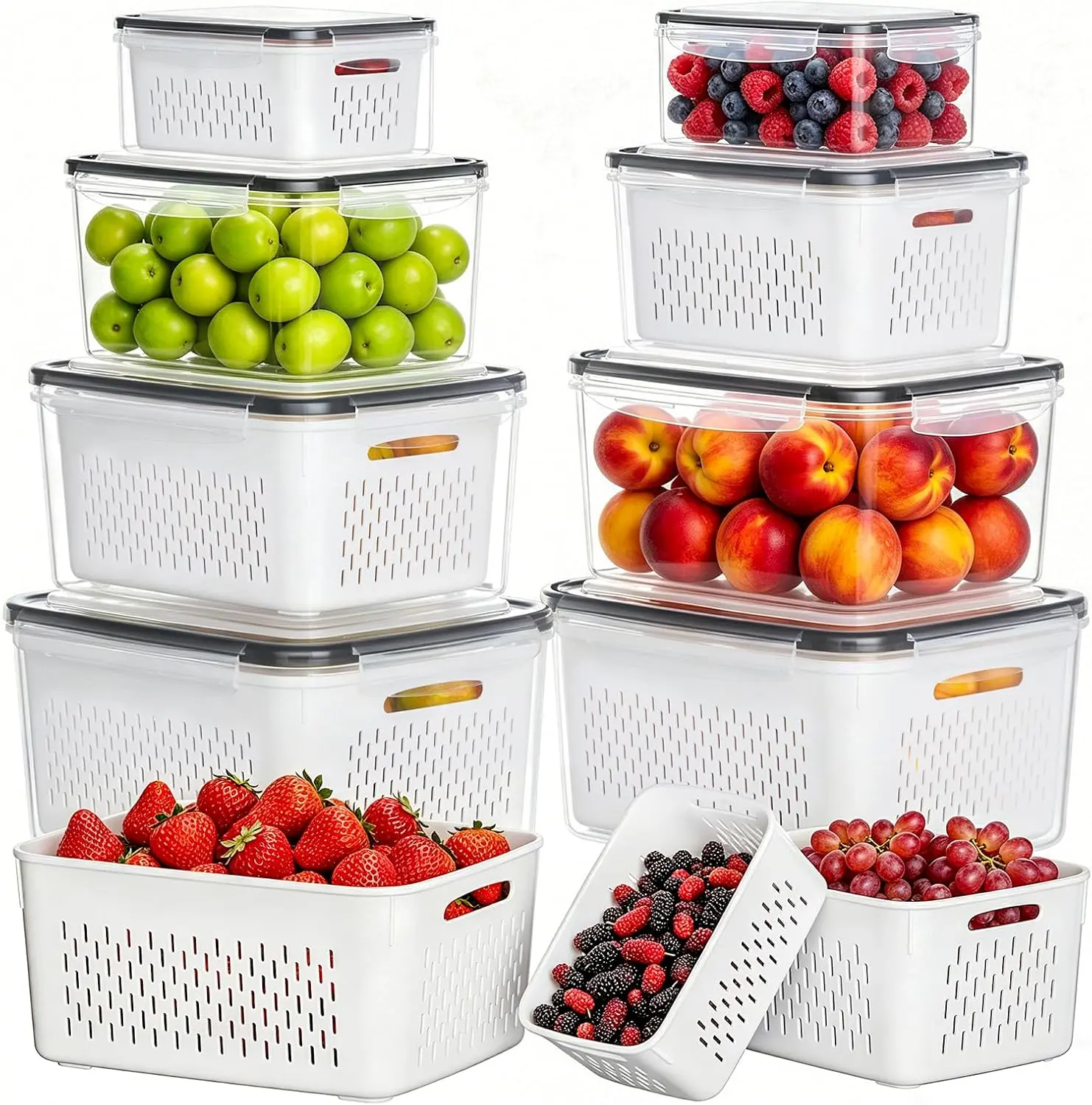 5-Piece Airtight Food Storage Containers with Lids, Silicone Removable Filters, Leak-Proof Kitchen Fridge Organizers for Extending Fruit & Vegetable Freshness, Easy-to-Clean Home Supplies
