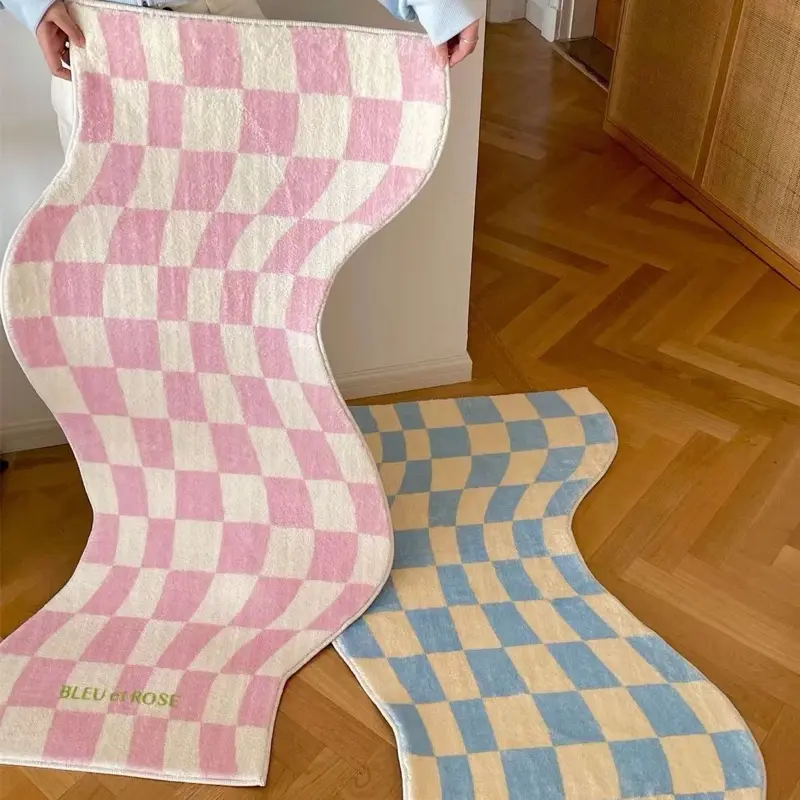 Curved Shape Checkerboard Runner Rug - Pink and Blue Wavy Checkered, Modern Non-Slip Non-Woven Fabric Flat Weave Indoor Rug, Machine Washable Soft Underfoot, Playful Vibe Room Decor for Everyday Living