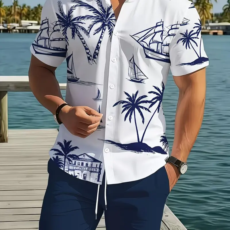 Men's 2-Piece Tropical Casual Clothing Set - Woven Polyester Short-Sleeve Lapel Collar Button Top, Elastic-Waist Shorts with Plant Prints Chic Outfits
