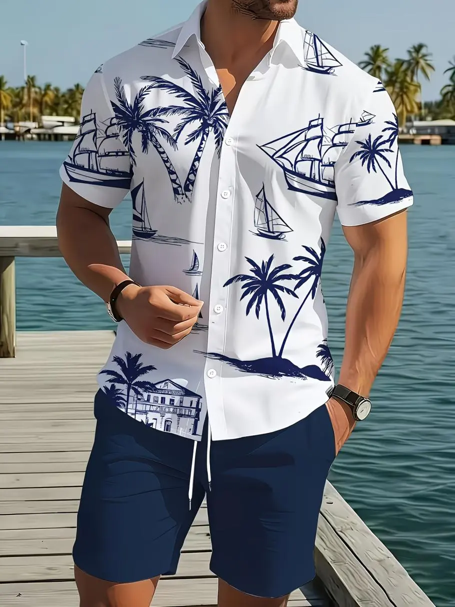 Men's Hawaiian Print 2 Pcs Set, Casual Shortsleeve Lapel Collar Shirt and Elastic-Waist Shorts, Woven Polyester, Menswear, Men's 2 Piece Sets, Shirt & Shorts Set Top Clothes