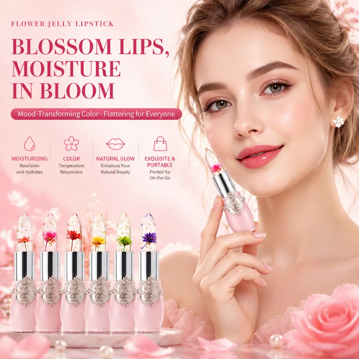 Vintage 6-Piece Jelly Lipstick Set with Embedded Real Dried Flowers & Fruits, Moisturizer Lip Care with Dewy Gloss, Skin-Adaptive Formula, Compact, Gift, Cosmetic, Hydrate, Lip Balm, Pastel, Glossy Balm Finish, Nourishing, Moisture