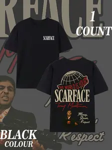 Scarface Double-Sided Print T-Shirt, Tony Montana Icon Design, Perfect for Movie Lovers & Streetwear Enthusiasts, Casual Summer Short Sleeve Knit Fitted Tee
