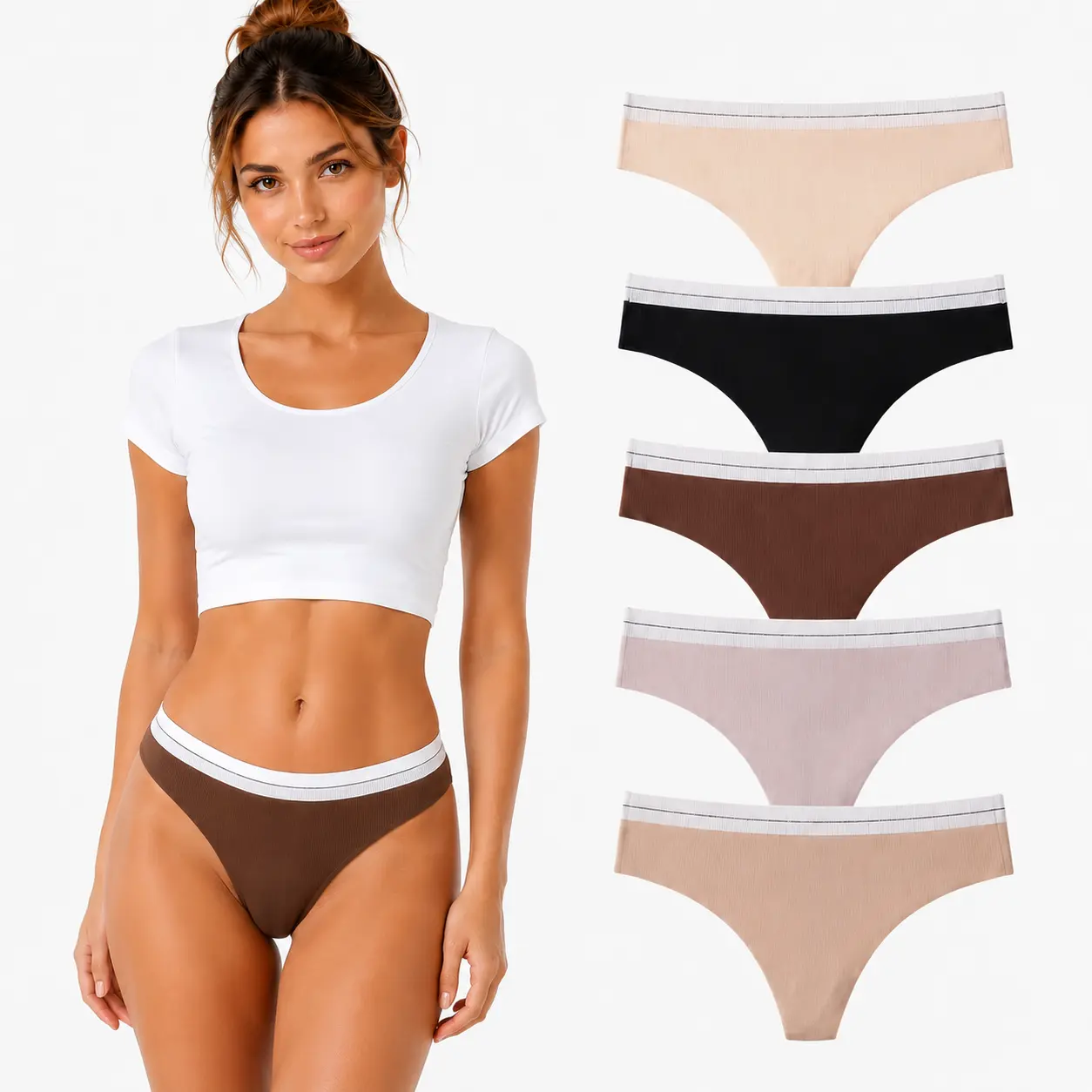 Women's Ribbed Seamless Mid-Rise Thong Panties - Breathable Comfy Lady's Cold-Wash Polyamide No-Show Knickers, Lightweight Foldable for Yoga,Pilates,Colorblock Design,Not Dry Clean Suitable, Breathable Comfy Panties, Seamless Knickers