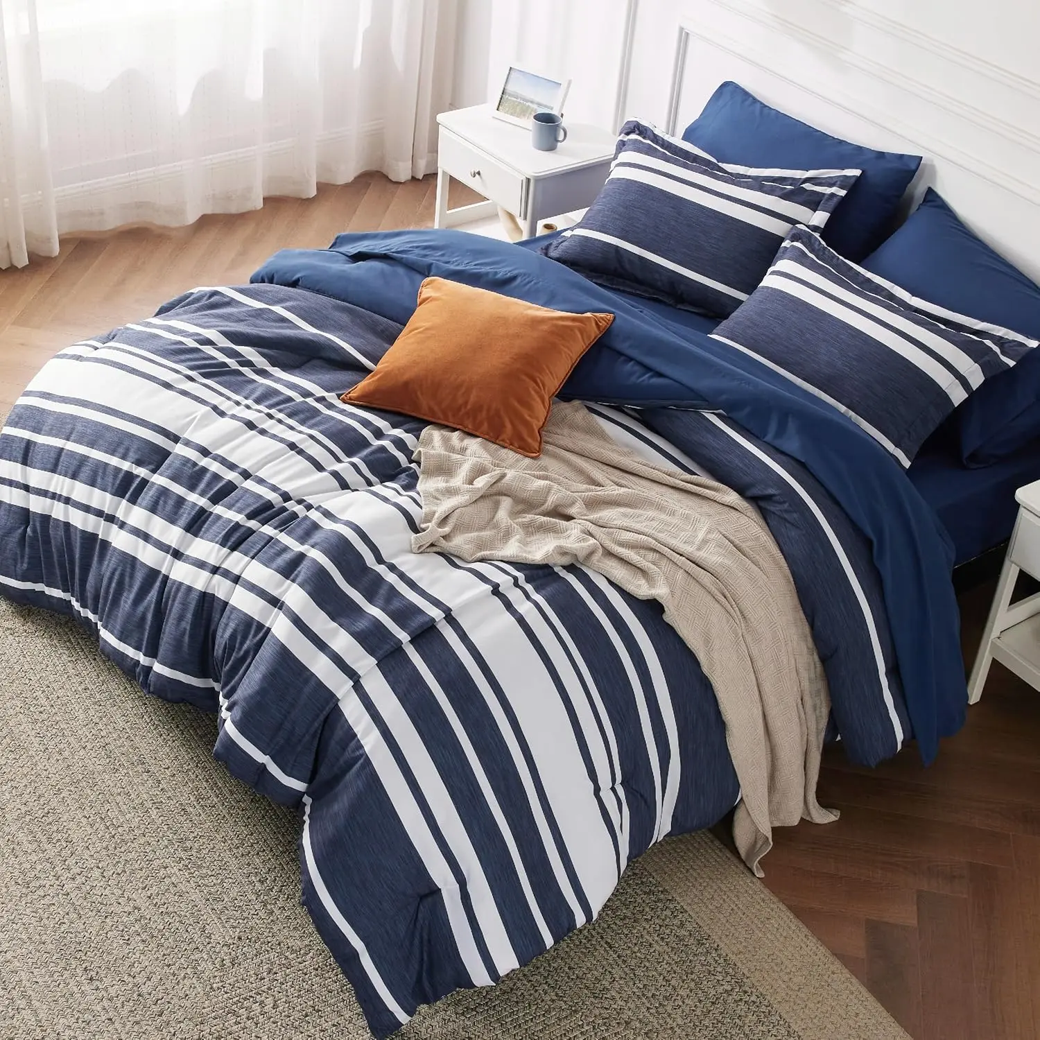 Queen Size Navy Stripes Comforter Set with Cationic Dyeing, Pillowcases and Shams