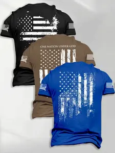 Men's Street Style Fashion Streetwear Three-Piece Set, Flag Print Short Sleeve T-Shirts, Loose-Fitting, Casual, Perfect for Outdoors and Leisure