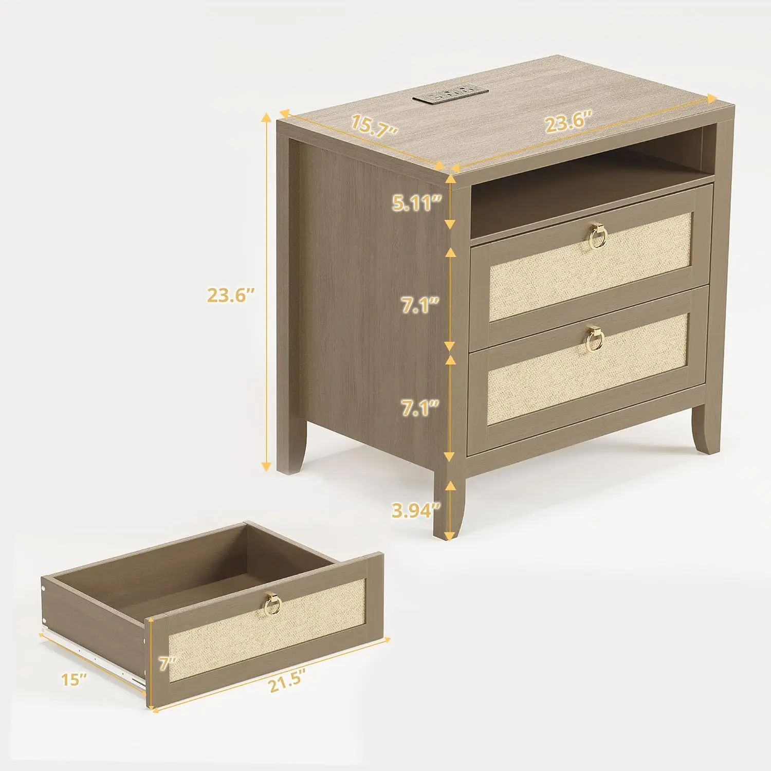 Dowinx 23.6" Night Stand with Charging Station, 2 Drawers and Storage Shelf, Rattan Nightstands Boho, for Bedroom Small Space Corner, Oak