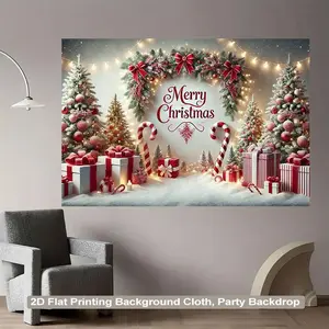 1Pcs Christmas decoration background cloth, Christmas happy pattern banner, candy, gift, pine needle element banner, Decorative Banner, durable polyester fiber, Christmas atmosphere creating props, suitable for Christmas home scene decoration