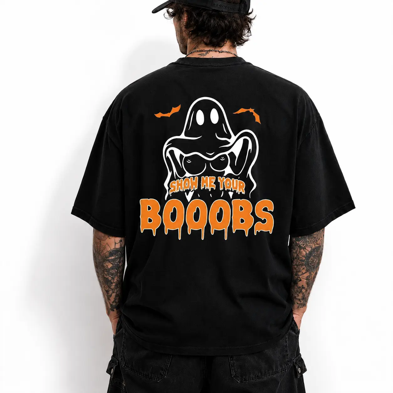 Men's Funny Halloween Ghost Graphic T-Shirt, Cotton Crew Neck Tee, Spooky Season Casual Shirt, Back Print Halloween Top