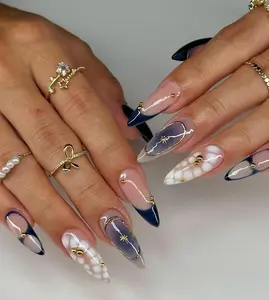 S73 Midnight Elegance Press-On Nails, 3D Star Charm, Navy French, White Bubbles, Gold Line Art, Custom Press-On Nail, Summer, Solana Nails Town