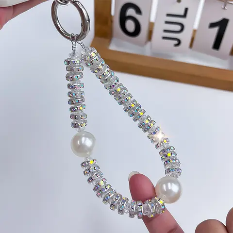 Sparkle Glitter Crystal Beaded Metal Smartphone Wristlet Strap - Large Pearls Decor, Cell Phone Charm, Key Ring, Phone Aesthetic Multi-Use Accessory for Smartphones, Keys