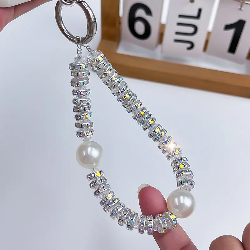Shiny Glitter Crystal Beaded Phone Wristlet Strap Big Pearl Decor Phone Lanyard Trendy Viral Phone & Key Chain Accessory