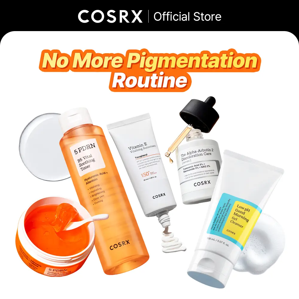 [COSRX Official] No More Pigmentation Routine | PDRN eye patch + PDRN toner + vitamin E sunscreen + alpha-arbutin serum + low pH cleanser