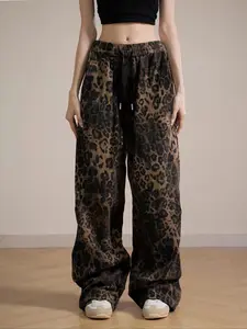 Women's Leopard Print Drawstring Waist Sweatpants, Casual Elastic Waist Pocket Wide Leg Trousers for Fall & Winter, Women's Casual Chic Bottoms for Daily Wear